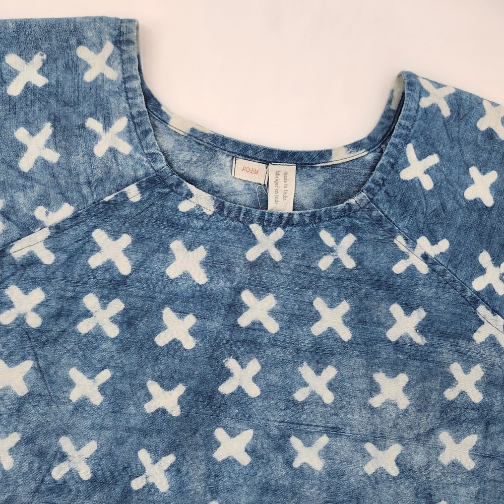 PO-EM Anthropologie Womens Boho Indigo Batik Shift Tunic Size S Chambray Artisan